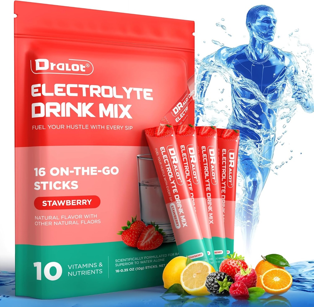 Poudre d'électrolytes sans sucre avec des arômes naturels, 3X packs d'hydratation rapide avec 10 électrolytes et vitamines, liquide quotidien IV, non-OGM, sans gluten, kéto, végétalien, 16 bâtons, fraise