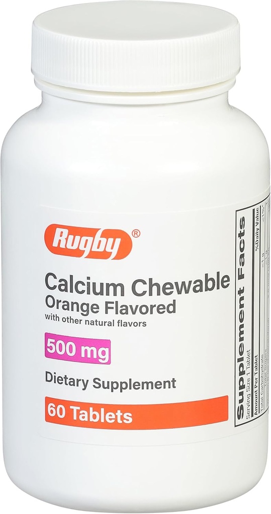 Rugby 500mg Calcium Comprimés à croquer - Supplément diététique - Aromatisé orange - 60 Nombre (1 paquet)