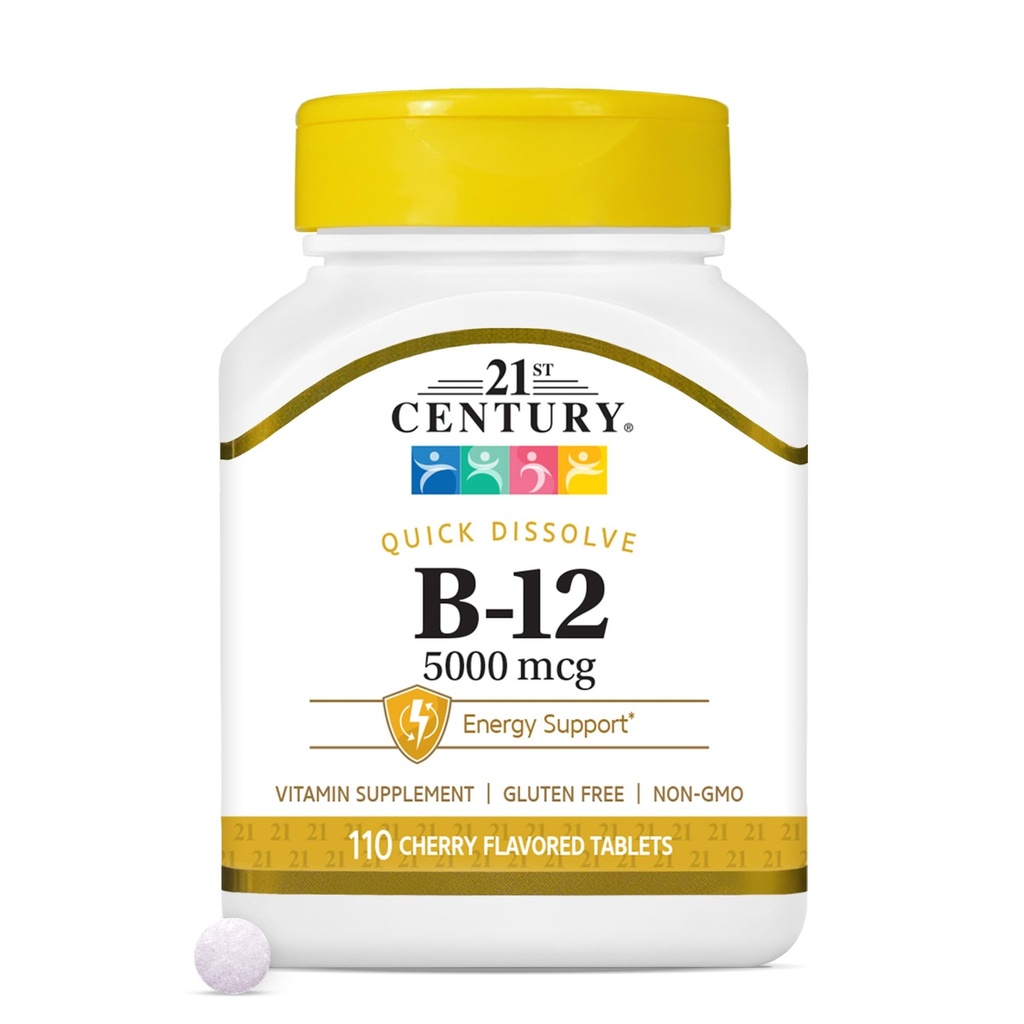 21st Century Vitamin B12 5000 mcg Supplement, (110 Count), Cherry Flavored Sublingual Tablets, Quick Dissolving Formula, Gluten-Free & Non-GMO, No Added Yeast, Artificial Flavors, or Colors