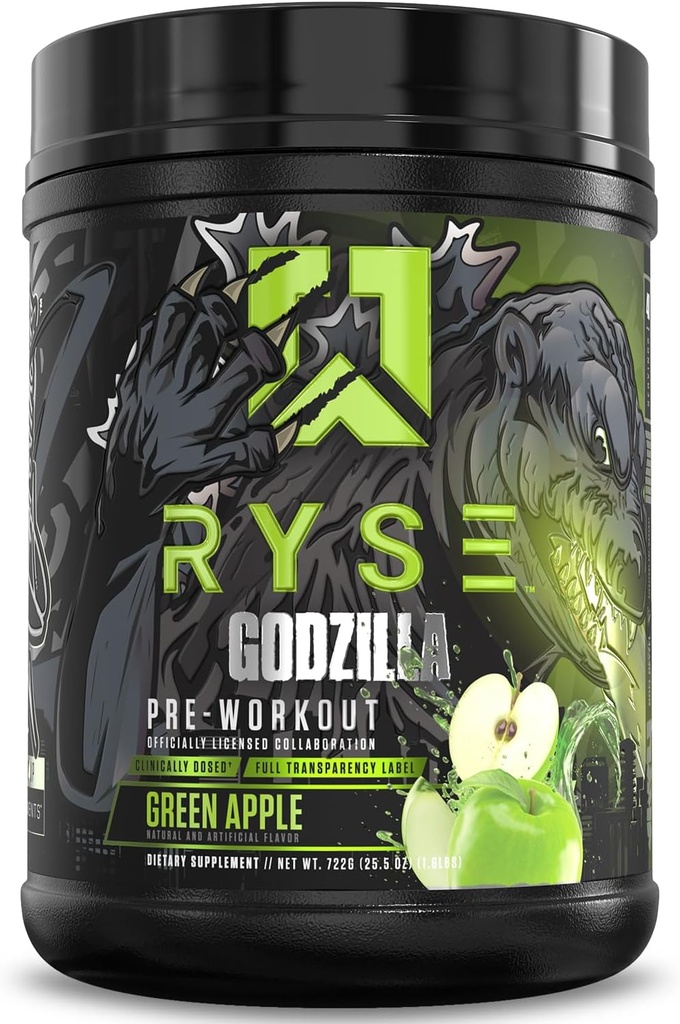 RYSE Godzilla X Noel Deyzel Pre Workout Powder - Green Apple - 400mg Caffeine, High Stim Pre-Workout for Men & Women with Citrulline & Beta Alanine - Energy, Pump & Focus - 20/40 Servings