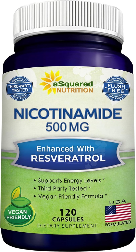 aSquared Nutrition Nicotinamide avec Resveratrol - 120 Capsules de Véggie - Vitamine B3 500mg (Sans Flush Niacinamide) - Pills supplémentaires pour soutenir NAD, santé des cellules de peau et énergie