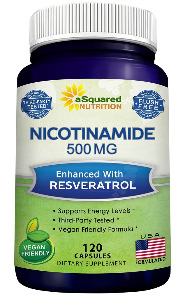 aSquared Nutrition Nicotinamide avec Resveratrol - 120 Capsules de Véggie - Vitamine B3 500mg (Sans Flush Niacinamide) - Pills supplémentaires pour soutenir NAD, santé des cellules de peau et énergie