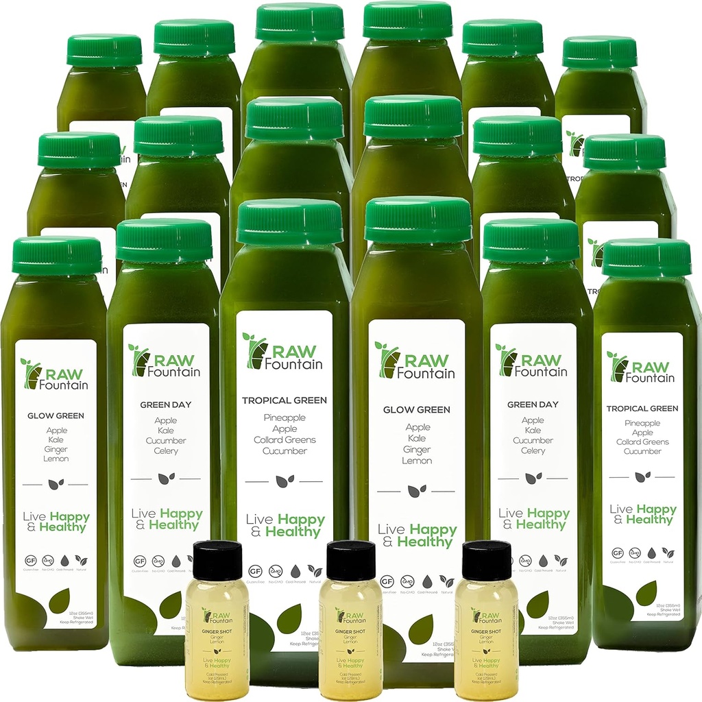 Nettoyer le jus vert 5 jours par Fontaine crue, tous naturels crus, Détox végétalien, jus pressé froid, 30 bouteilles 12oz, 3 coups de gingembre