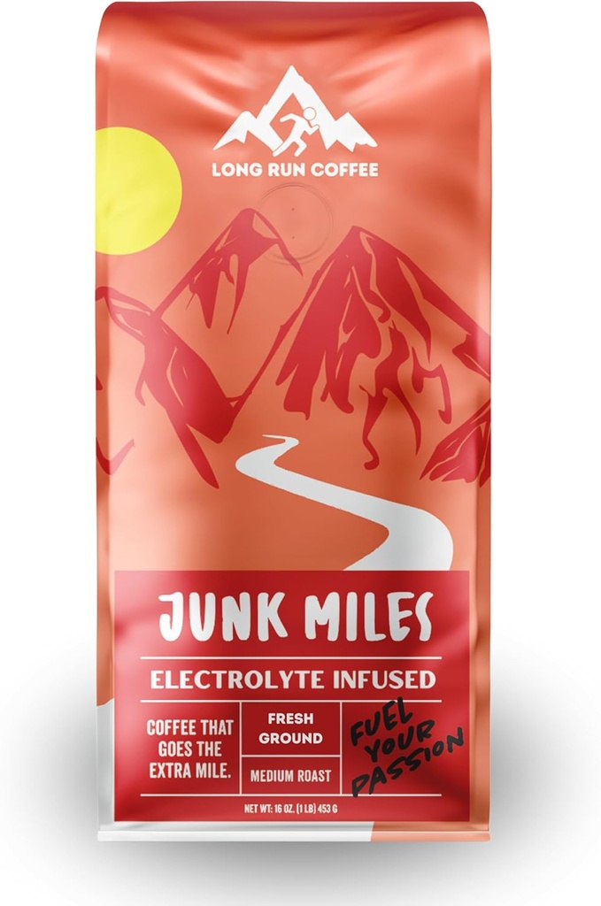 Junk Miles - Roast moyen - Infusé avec de la poudre d'électrolytes - Hydratation d'athlète - Café pour les coureurs - Electrolytes kéto : sodium, calcium, magnésium et potassium (Ground, 16 Oz)