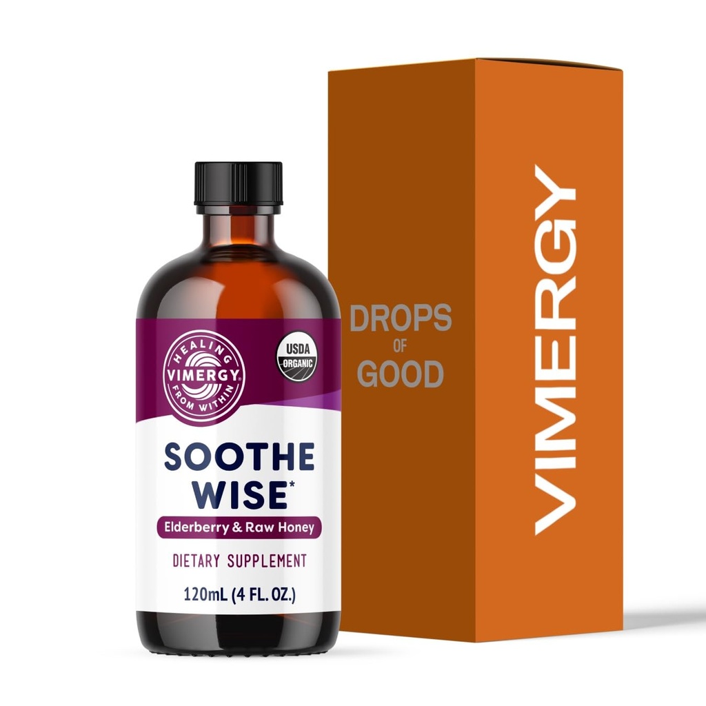 Vimergy Soothe Wise* – Soutien immunitaire à absorption rapide avec sirop de mûrier et miel brut, bio – Coats et apaisements Tissus respiratoires – certifiés bio, végétalien, paléo-friendly, sans gluten, USDA.