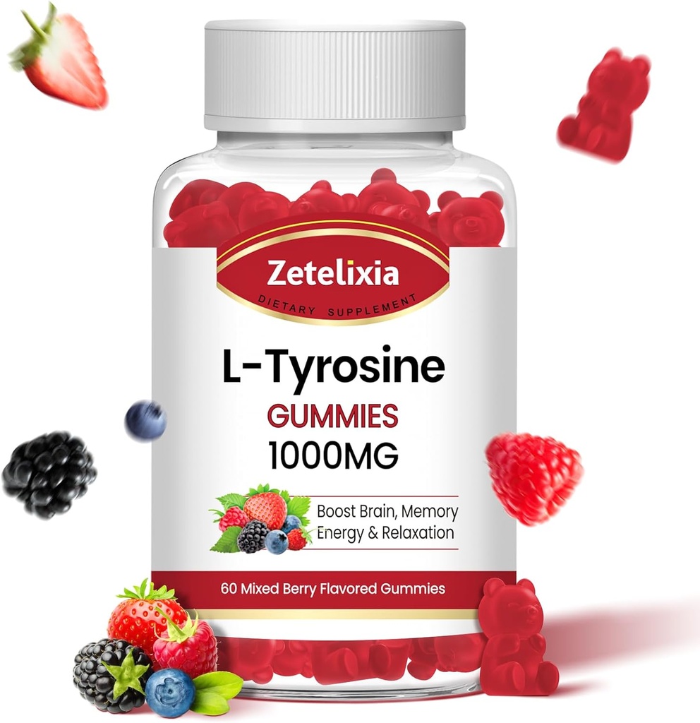 L Syrosine Gommies 1000mg,L-Theanine Supplément Gummy 200mg,L-Tyrosine sans sucre avec vitamine B6 suppléments d'énergie pour adultes et enfants - Vegan(60 comte)