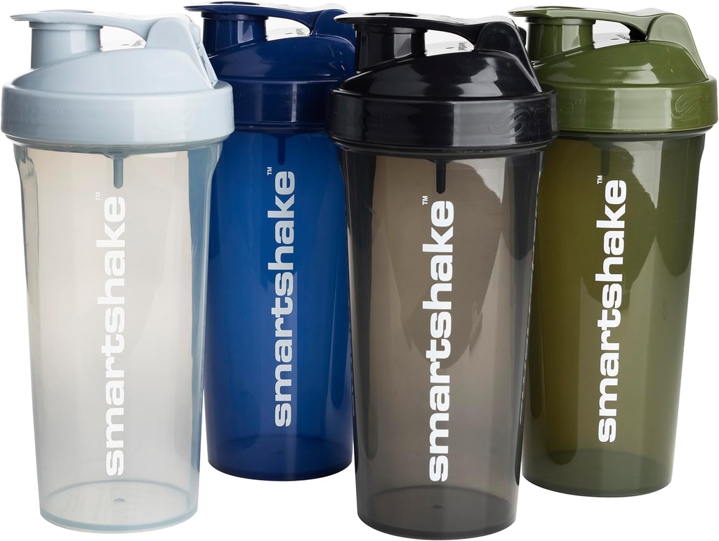 Smartshake Lite 4-Pack Protein Shaker Bottle 800 ml | 27 oz - Leakproof Screw-on Lid - BPA Free – Unisex - Mist Gray, Army Green, Black, Navy Blue