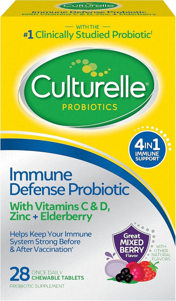 Culturelle Imune Defense Daily Probiotic pour les femmes et les hommes - 28 Comte, Berry mixte Chewables avec 4-en-1 Imune Support. Vitamine C probiotique, vitamine D et sureau de sureau Zinc Plus