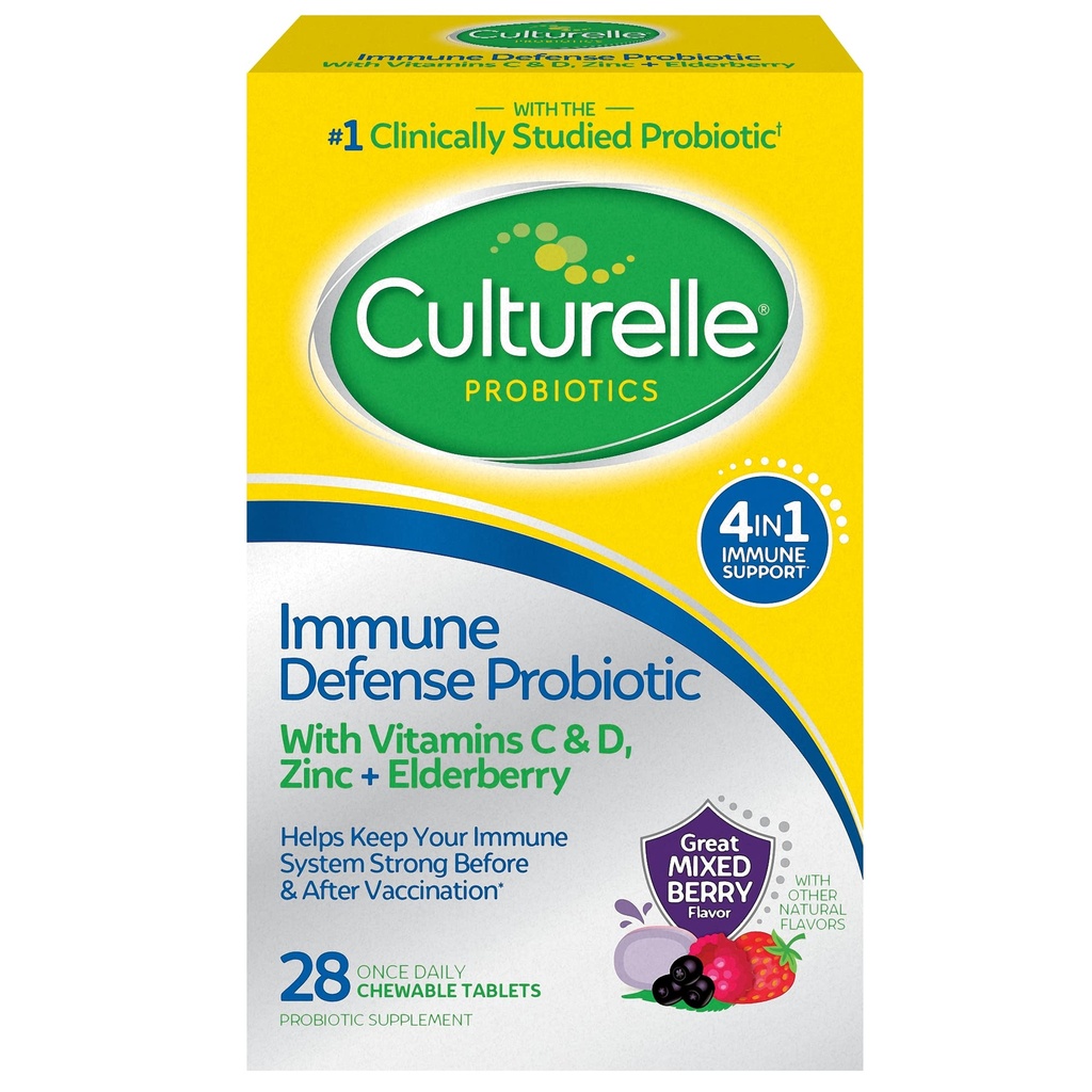Culturelle Imune Defense Daily Probiotic pour les femmes et les hommes - 28 Comte, Berry mixte Chewables avec 4-en-1 Imune Support. Vitamine C probiotique, vitamine D et sureau de sureau Zinc Plus