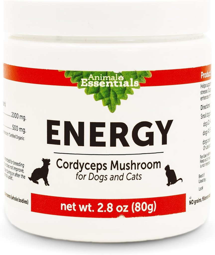 Animal Essentials Energy Cordyceps Supplément de champignons pour chiens et chats - Support Stamina & Endurance, fonctions respiratoires et rénales saines, antioxydant, extrait de poudre de champignons - 2,8 Oz (paquet de 1)