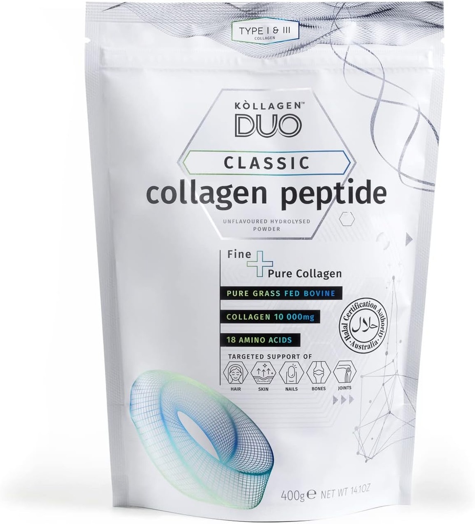 Poudre de protéines de collagène halal premium - Source de protéines non aromatisées de type I et III avec 18 acides aminés, Glycine Boost, pour les ongles de peau - Supplément de collagène