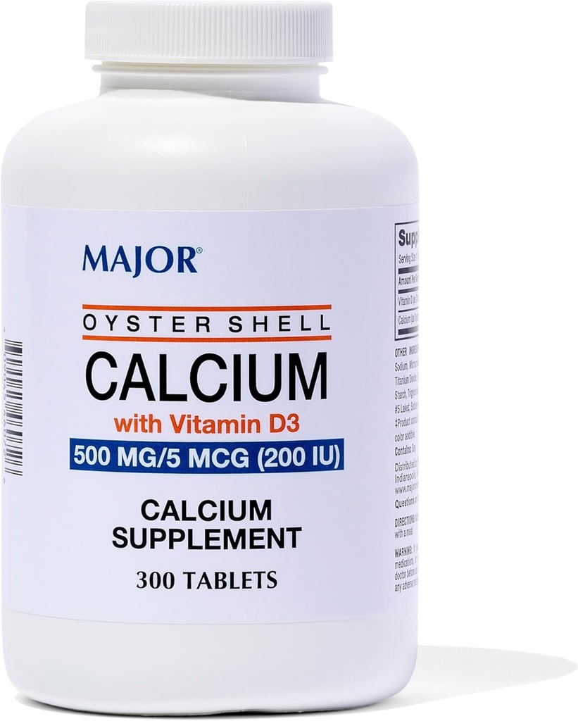 Major Oyster Shell Calcium avec vitamine D3 500 mg / 5 mcg (200 UI) - Supplément de calcium quotidien - 300 comprimés (1 emballage)