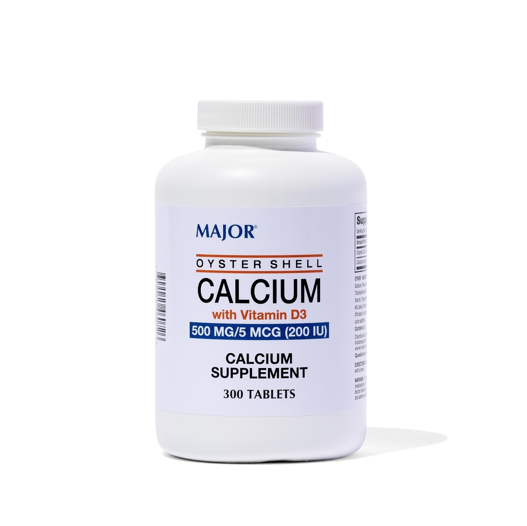 Major Oyster Shell Calcium with Vitamin D3 500 mg / 5 mcg (200 IU) - Daily Calcium Supplement - 300 Tablets (1 Pack)