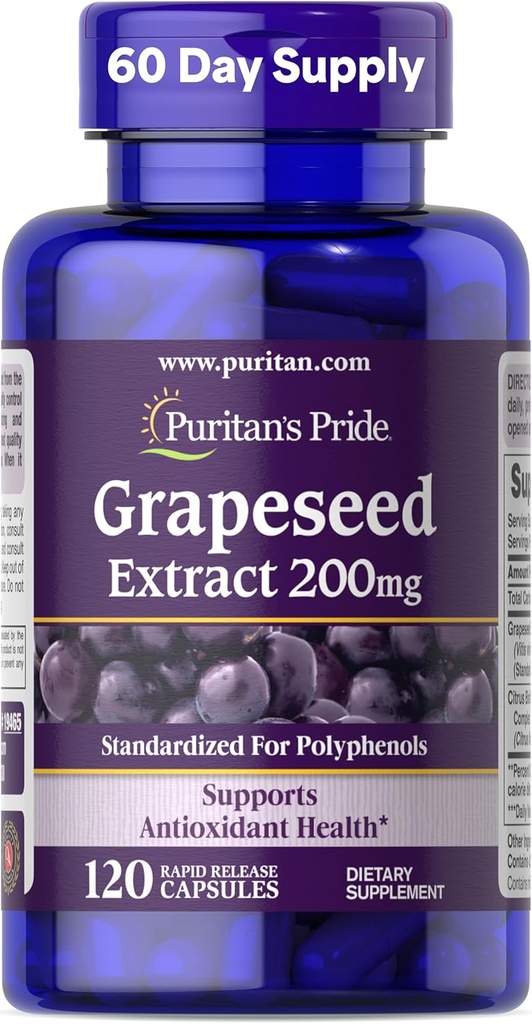 Puritan's Pride Graines Extract 200mg, Supplément diététique pour antioxydant et soutien de la santé cardiaque, 2 mois d'approvisionnement, 120 capsules à libération rapide