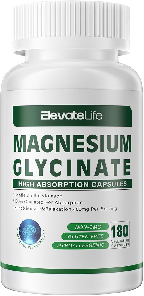 Magnesium Glycinate 400 MG per Serving 100% Chelated for High Absorption, Gentle On Stomach, Non-GMO, 180 Vegetarian Capsules