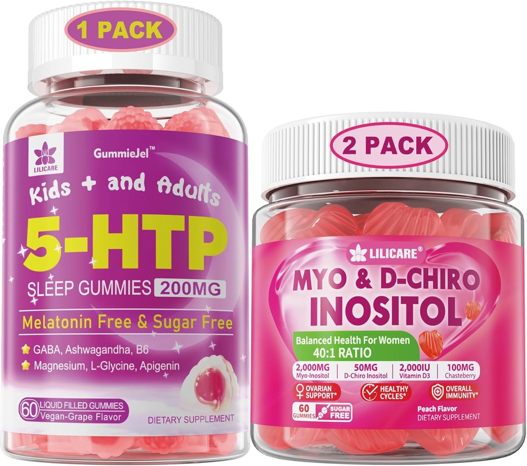 Bundle: Gommies 5HTP avec Magnésium Glycinate - Gommies de sommeil sans mélatonine pour adultes et enfants 8+ et Gommies Inositol Idéal 40:1 Ratio Myo & D-Chiro Supplément Inositol