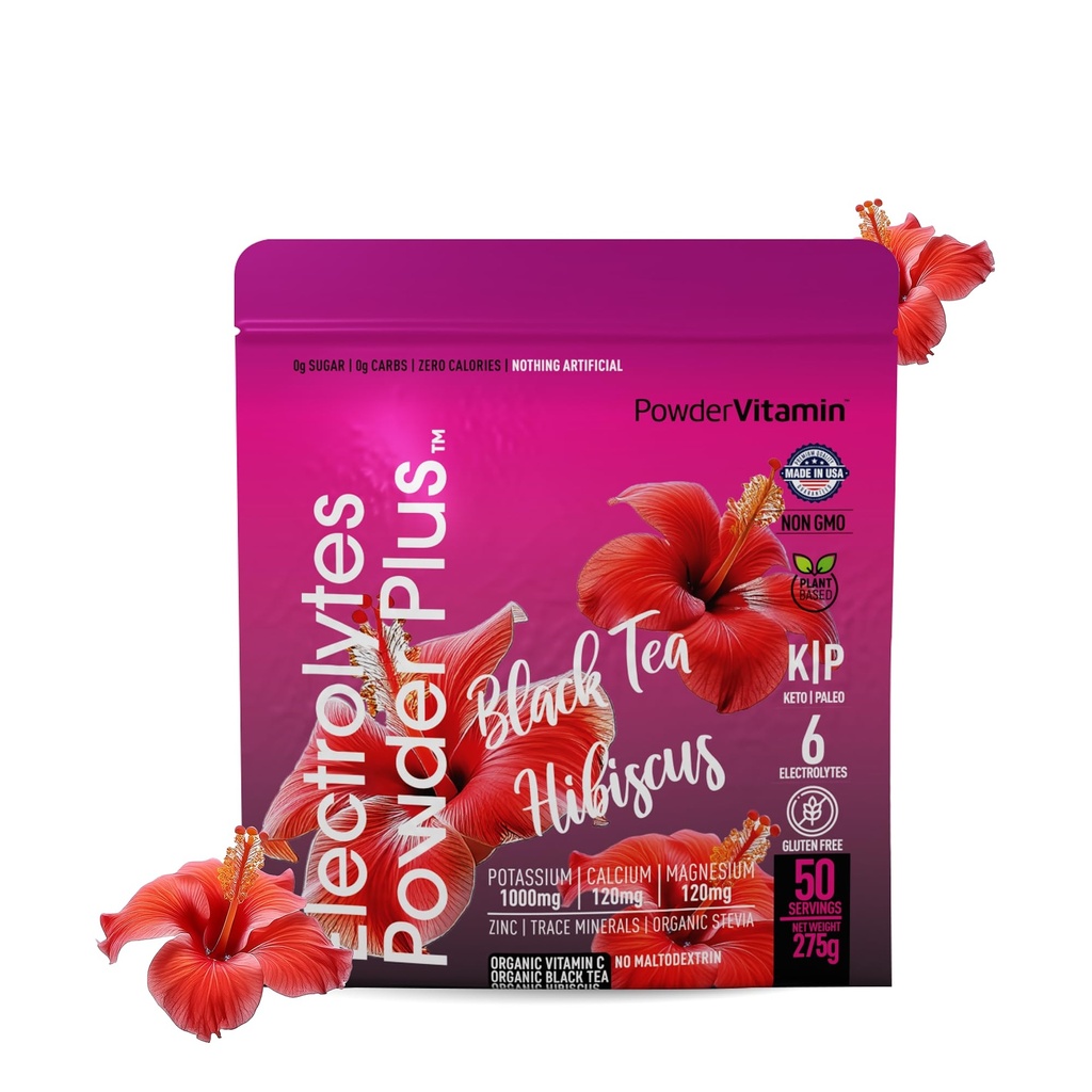 PoudreVitamine Electrolytes Poudre Plus (50 portions) Thé noir Hibiscus Electrolyte Poudre Keto, Sans sucre, Sel rose d'Himalaya,1000mg Potassium,120mg Calcium,120mg Magnésium, Poudre d'hydratation