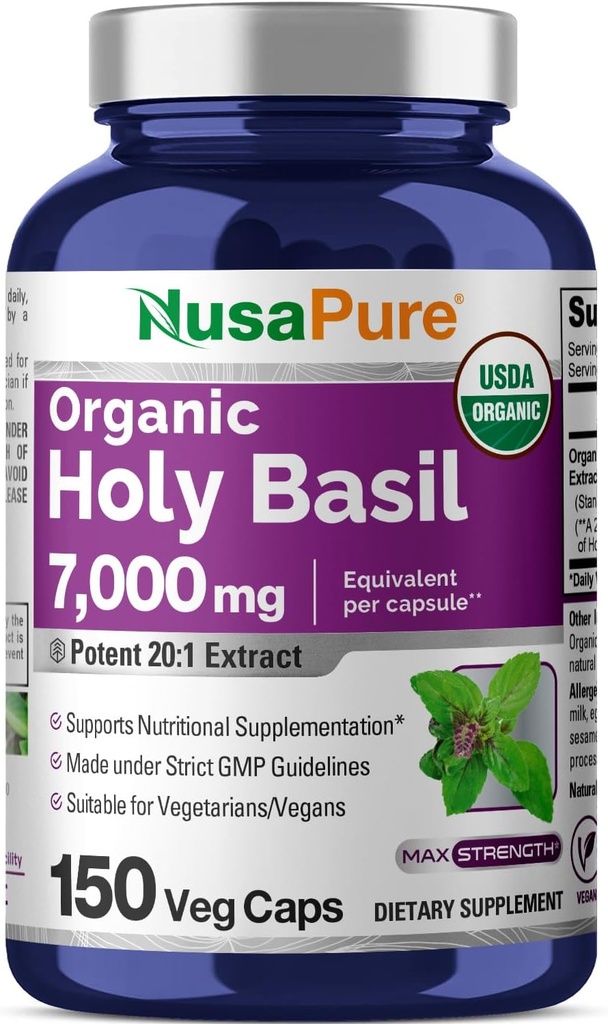 NusaPure USDA Capsules de Basilic Saint Organique 20:1 Extrait, 350 mg Équivalent à 7.000mg.