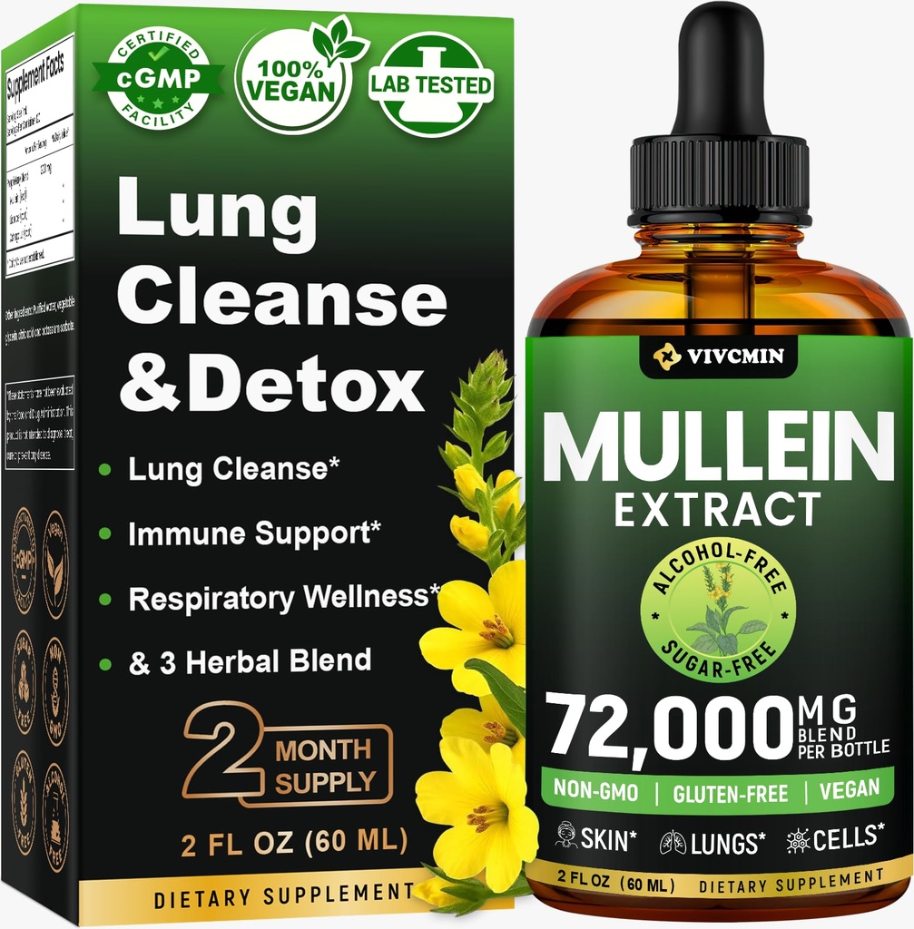 vivcmin Mullein Drops for Lungs with Licorice & Astragalus, Respiratory & Immune Support, Lung Detox for Smokers Tincture, Mullein Leaf Extract for Lung Cleanse, Sugar & Alcohol-Free, 2 fl oz