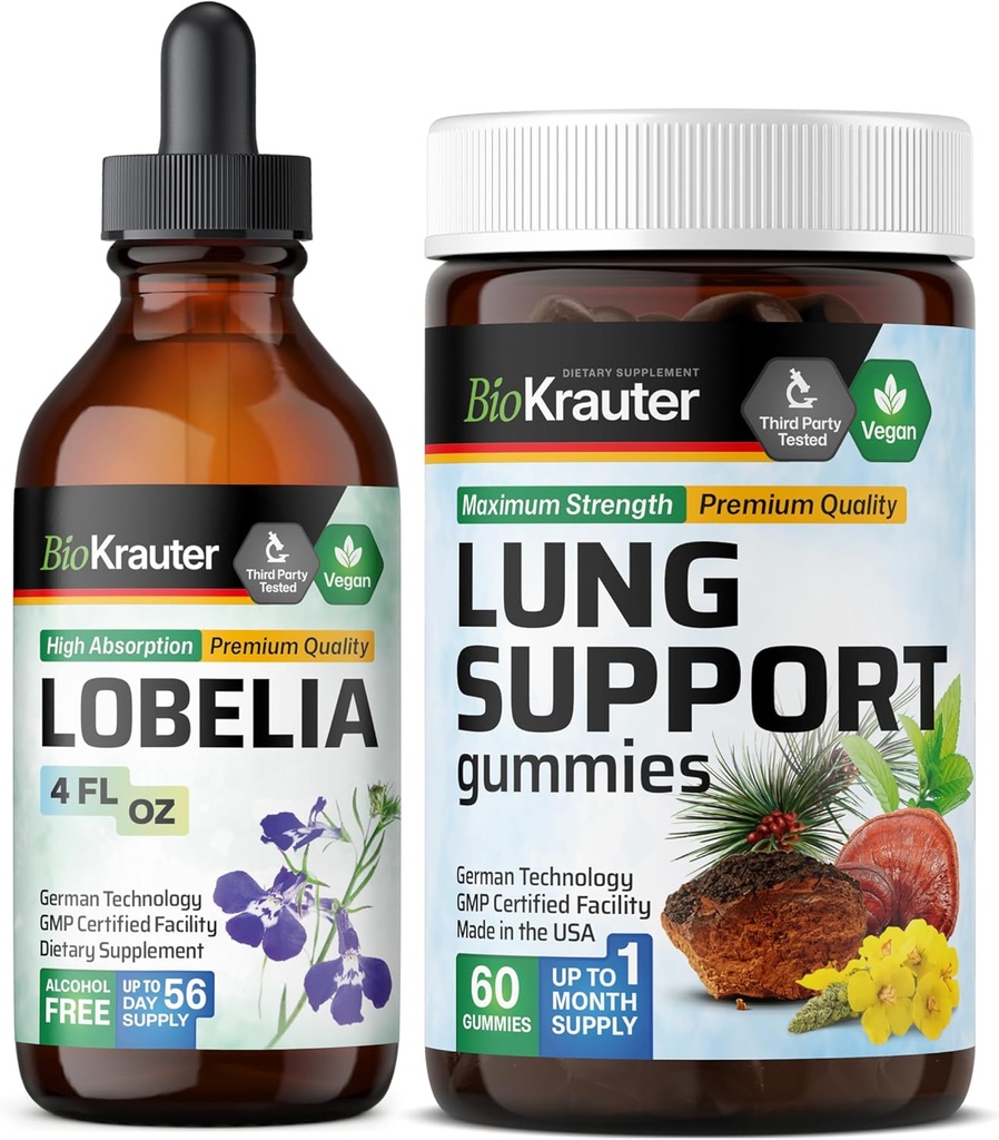 BIO KRAUTER Lobelia Teinture 4 Fl. Oz. & Lung Detox 60 Gummies