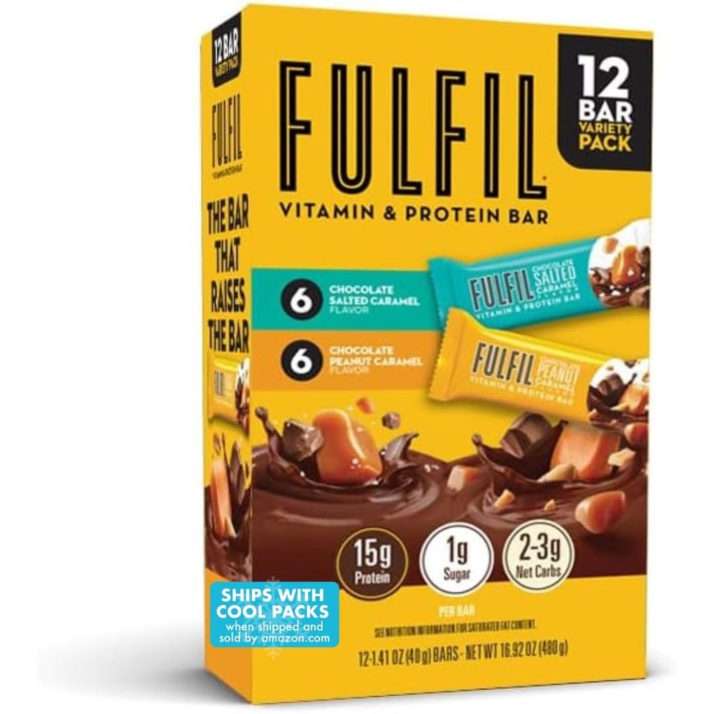 FULFIL Protein Snack Bars, 6 arachides et caramel au chocolat et 6 caramel salé au chocolat, 15g de protéines, agrafes de Pantry, 12 Nombre