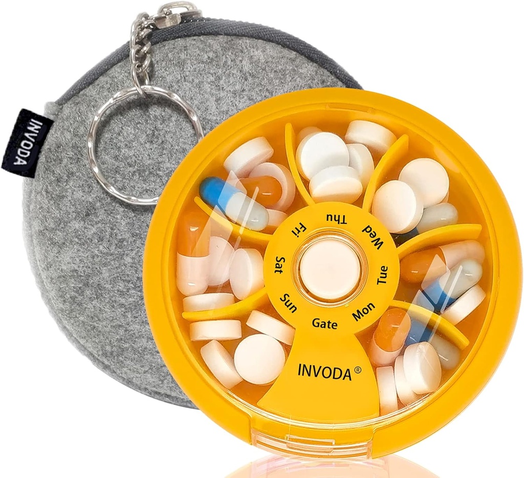 INVODA Organisateur hebdomadaire de pilules 7 compartiments Pill Box rotative pour les médicaments quotidiens et les vitamines - Portable Travel Pill Case Suppléments huile de poisson Vitamines Organisateur (Orange+Bag)