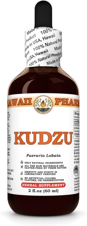 Hawaii Pharm Kudzu Extrait, Teinture pour le bien-être du foie, favorise la fonction cardiaque, soutient l'équilibre cardiovasculaire, protège le foie contre les dommages oxydatifs, apaise la tension de la tête - 2 fl.oz
