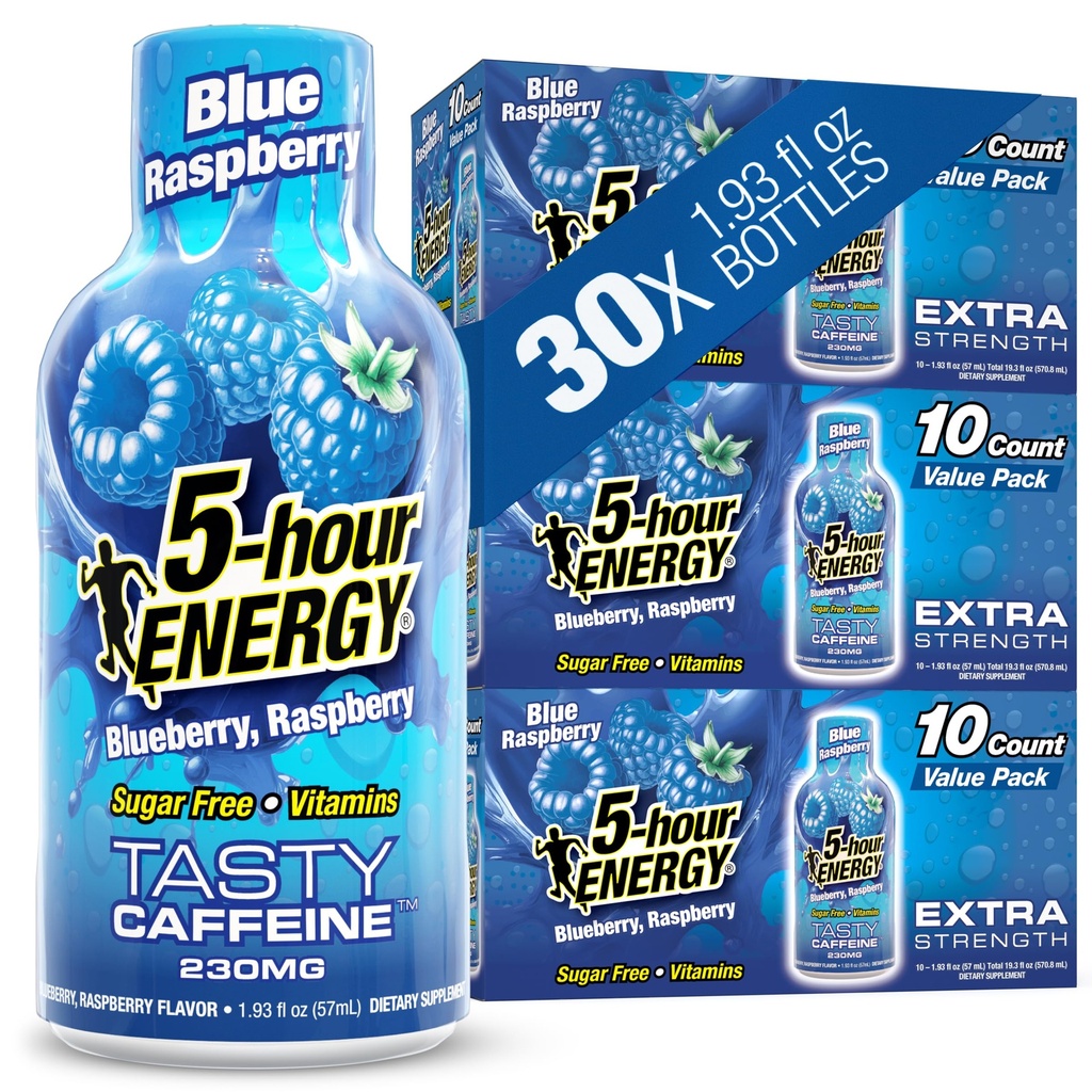 5 heures de coups d'énergie extra-fort, bleu framboise, 30 comte, 1,93 Fl Oz, sans sucre, zéro calories, acides aminés et vitamines essentielles B, complément alimentaire, alerte de sensation et énergétique, 230 mg de caféine