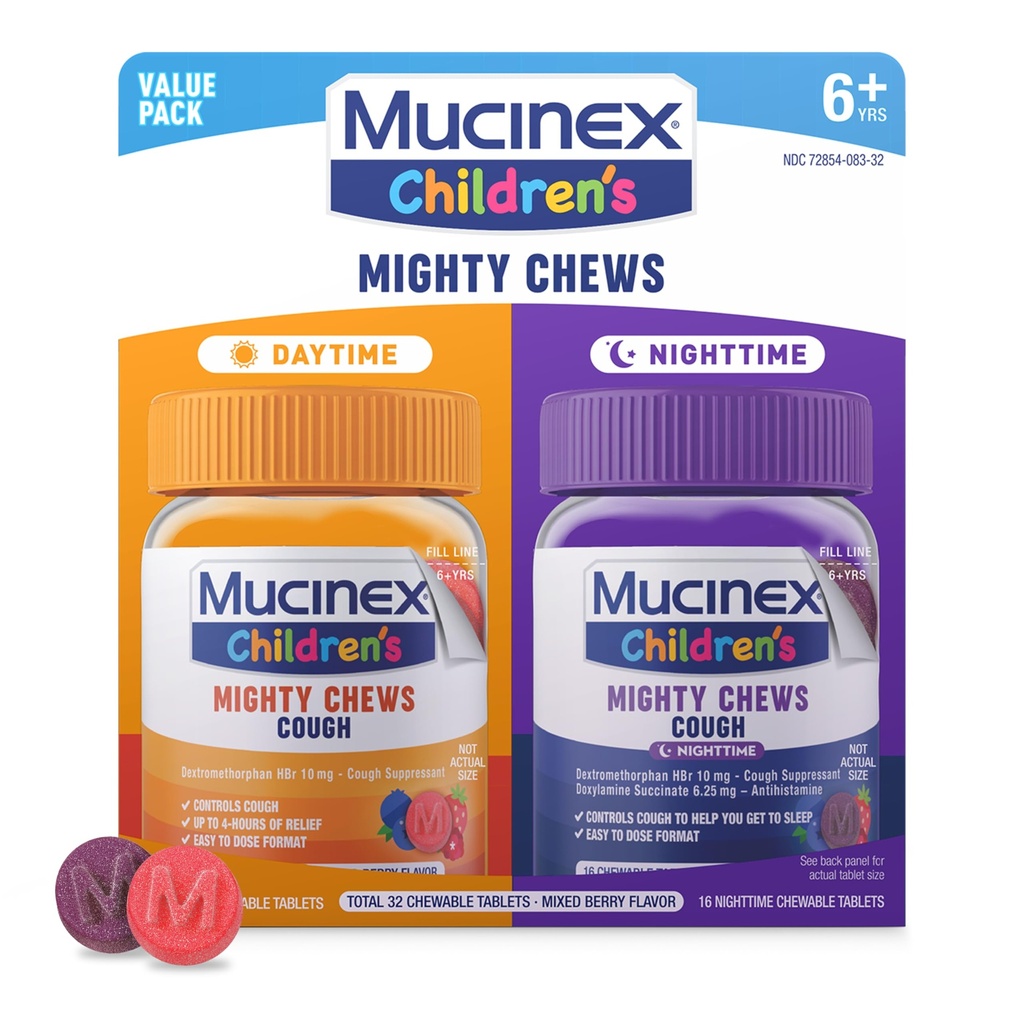 Mucinex Mighty Chews Kids Cough Medicine Daytime and Nighttime Value Pack, facile à doser Cough Suppressant pour les enfants avec dextrométhorphane, mélange d'arôme de Berry, 32 comprimés à croquer médicamenteux