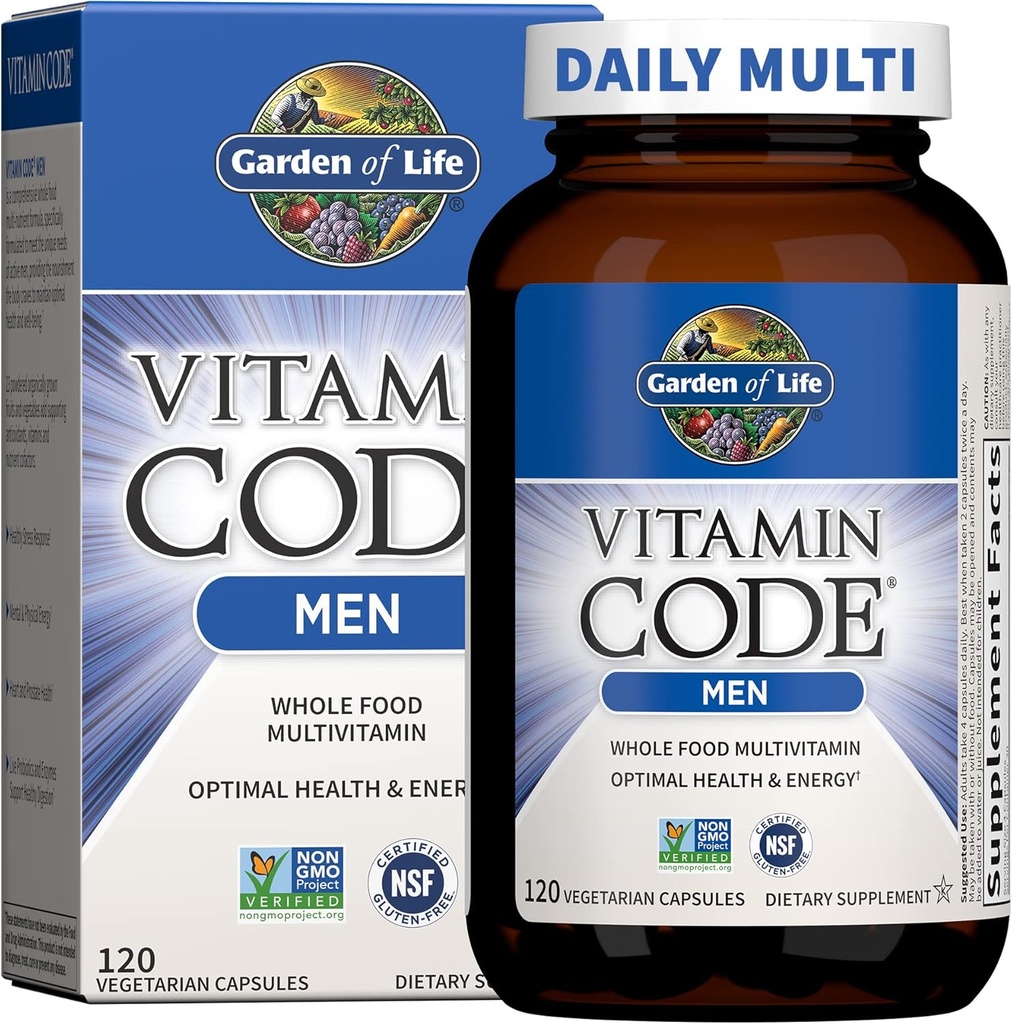 Jardin de la vie Vitamine Code Multivitamine pour les hommes - 120 capsules, vitamines pour les hommes, mélange de fruits et de légumes et probiotiques pour l'énergie, le coeur, la santé de la prostate, les hommes végétariens Multivitamines