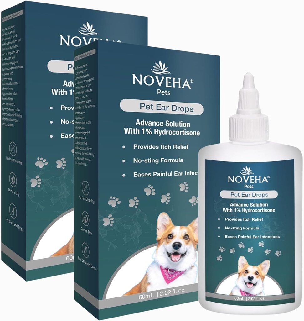 NOVEHA Drops d'oreilles pour animaux avec 1% d'hydrocortisone.