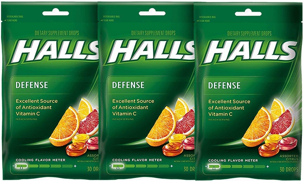 Halls Défense gouttes de vitamine C agrumes assortis - 30 ct, boîte de 3