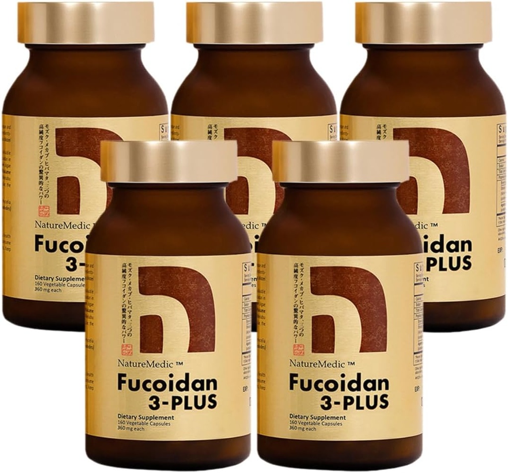 Supplément Immunity d'algues brunes 3-Plus de Fucoidan avec trois types de haute pureté Fucoidan biologique Mekabu Fucus Mozuku Agaricus Fabriqué au Japon (Gélule végétal, 5 bouteilles)