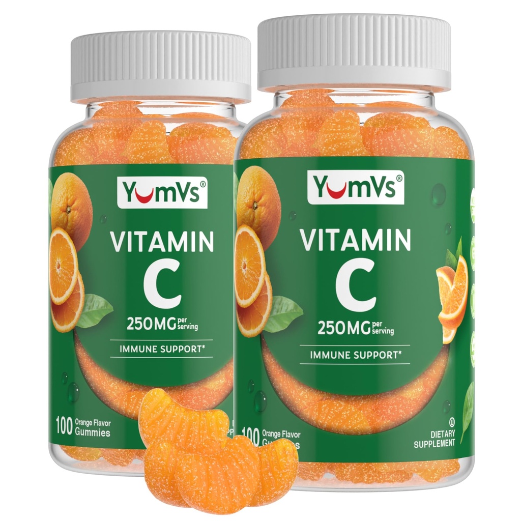 YumVs Vitamine C Gommies pour Adultes - 250 mg Vitamine C aromatisée orange - Vitamine C Gommies immunitaires à croquer pour Adultes - Supplément de soutien immunitaire - Casher, Halal, Sans gluten (200 Nombre), 2 Pack