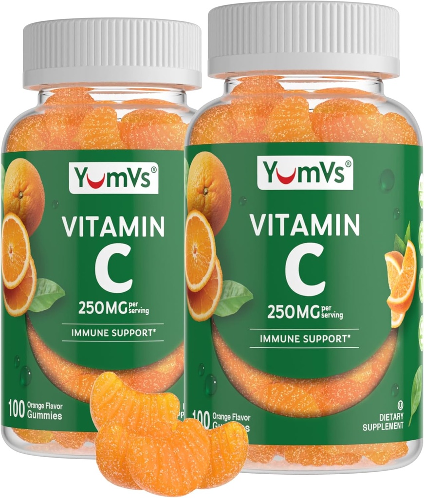 YumVs Vitamine C Gommies pour Adultes - 250 mg Vitamine C aromatisée orange - Vitamine C Gommies immunitaires à croquer pour Adultes - Supplément de soutien immunitaire - Casher, Halal, Sans gluten (200 Nombre), 2 Pack