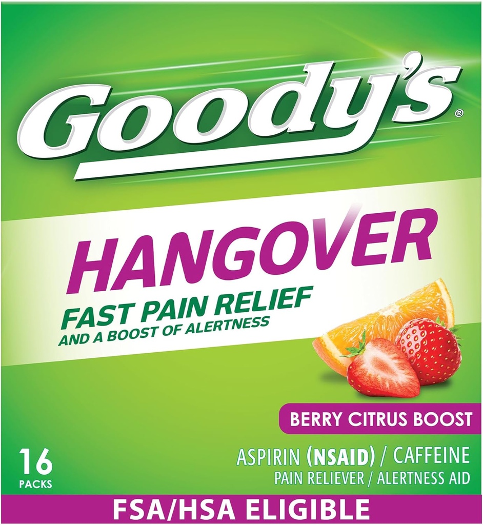 Bony's Hangover Relief Powder, Dual Action Fast Headache Pain Relief avec Aspirine et Caféine, Berry Citrus Flavor, 16 Comte