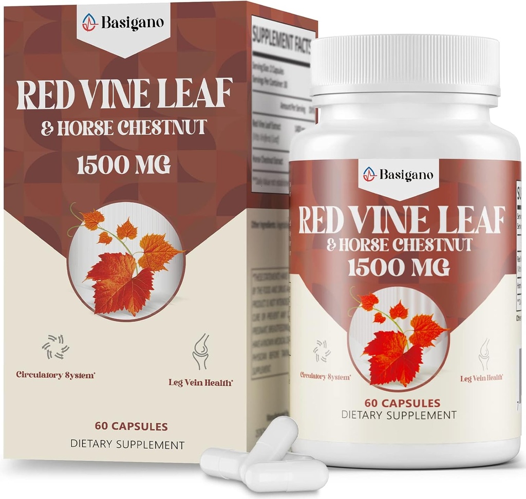 Red Vine Leaf & Horse Chestnut Extract Capsule Suppléments (Vitis Vinifera) 1500mg - Extrait de premium pour les veines saines, la circulation, le cœur, la peau