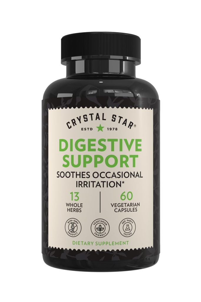 Supplément de soutien digestif Crystal Star (60 gélules) - Supplément de santé à base de plantes Gut qui aide avec le gaz occasionnel et le ballonnement - menthe poivrée, Aloe Vera, orme et gingembre – non-OGM