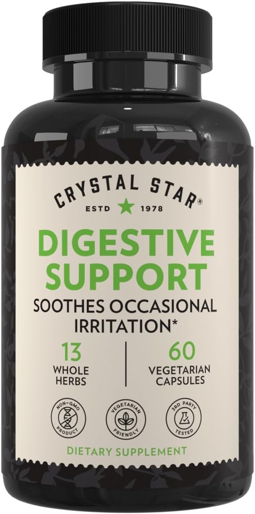 Supplément de soutien digestif Crystal Star (60 gélules) - Supplément de santé à base de plantes Gut qui aide avec le gaz occasionnel et le ballonnement - menthe poivrée, Aloe Vera, orme et gingembre – non-OGM