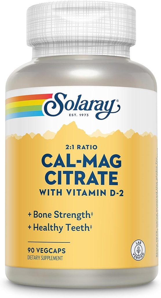 Solaray Calcium Magnésium Citrate 2:1 Ratio - Suppléments de calcium pour les femmes et les hommes avec/Magnésium et vitamine D 2 - Soutien osseux, musculaire et nerf - Vegan, garantie de 60 jours, 15 portions, 90 VegCaps