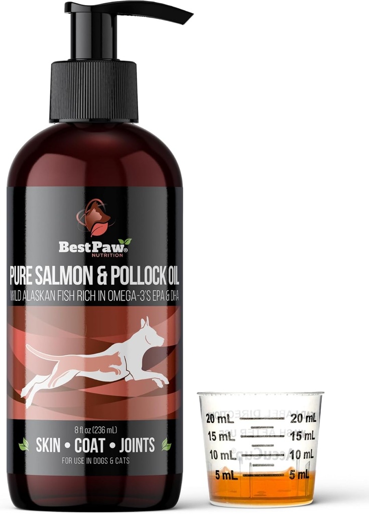 Pure Wild Alaskan Salmon & Pollock Oil for Dogs & Cats Skin and Coat - Fish Oil Liquid with Pump - Supports Joint Function & Heart Health - Omega 3 Liquid Food Complement - All Natural EPA + DHA - 8oz