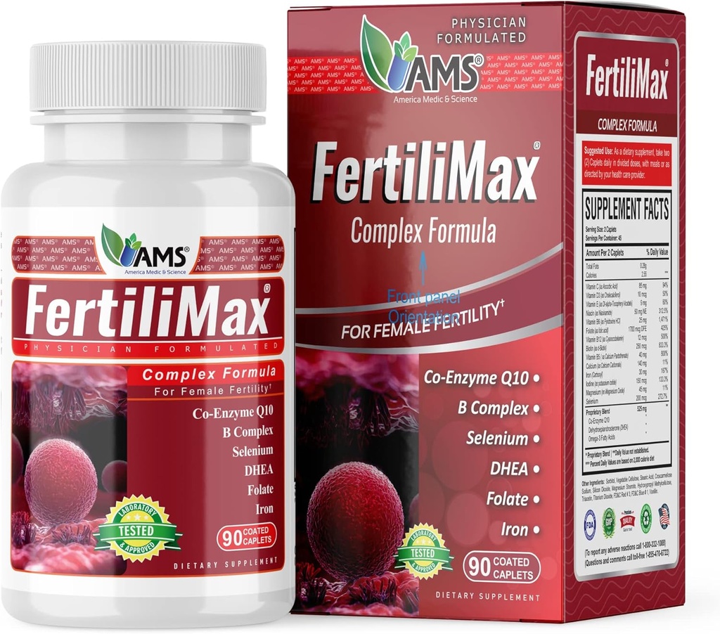 America Medic & Science FertiliMax, suppléments de fertilité pour les femmes, soutient la santé reproductive et le traitement de la fertilité, avec folate, CoQ10, DHEA, fer, sélénium, 90 capsules