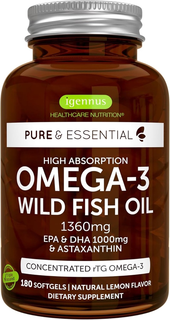 Igennus Ultra Pure Omega 3 Triglycéride rTG Huile de poisson sauvage 1360mg, IFOS certifié, EPA DHA 1000mg Plus Astaxanthine, non-OGM, pour les hommes et les femmes, 180 Softgels