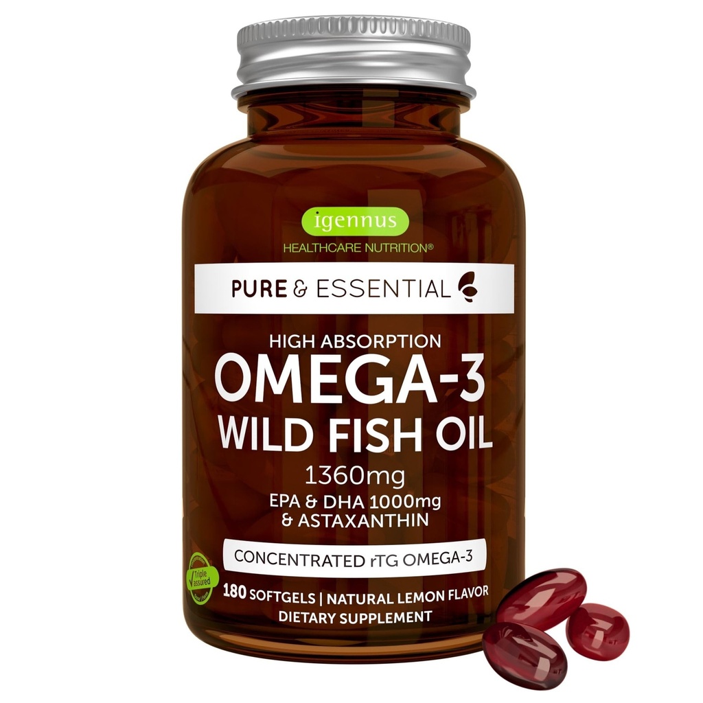 Igennus Ultra Pure Omega 3 Triglycéride rTG Huile de poisson sauvage 1360mg, IFOS certifié, EPA DHA 1000mg Plus Astaxanthine, non-OGM, pour les hommes et les femmes, 180 Softgels