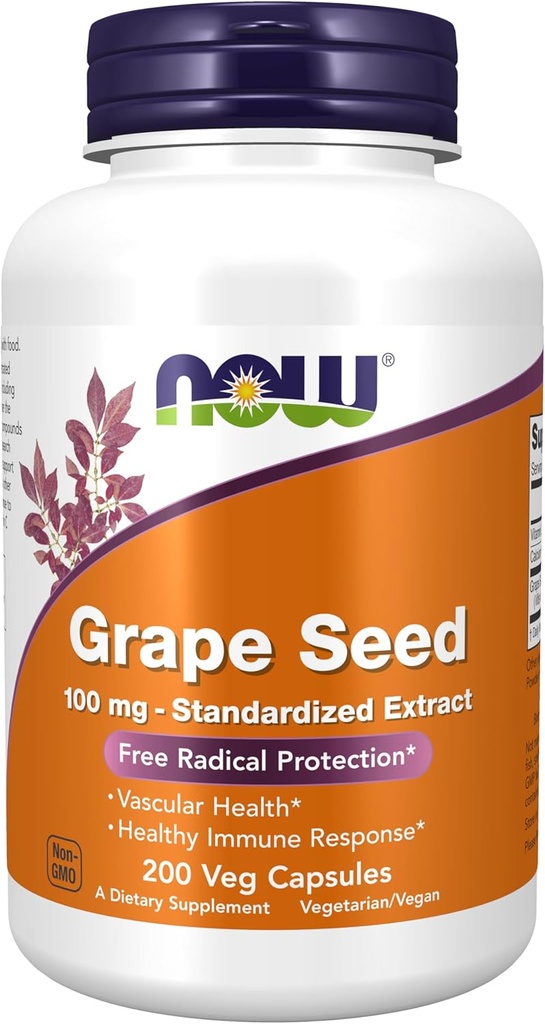 NOW Foods Supplements, Grape Seed 100 mg - Standardized Extract, Highly Concentrated Extract with a Minimum of 90% Polyphenols, with Vitamin C, 200 Veg Capsules