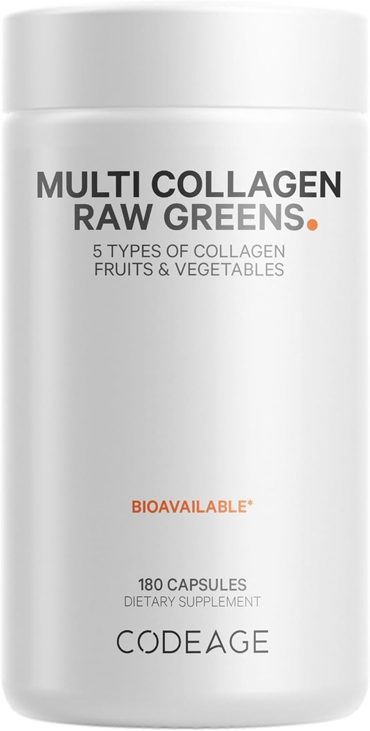 Codage Multi Collagen Protein + Bio Raw Greens Superfood Capsules Supplément, 21 Fruits et légumes, Peptides de collagène hydrolysés alimentés à l'herbe, 5 types Tout-en-un, 180 Nombre