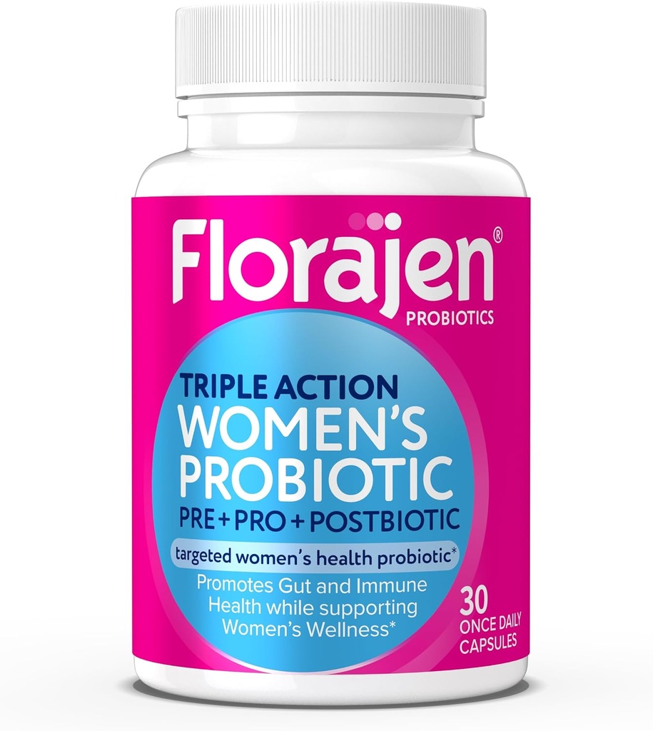 Florajen Women's Complete Triple-Action Prébiotique + Probiotique + Postbiotique pour le soutien digestif et immunitaire - Soulagement à action rapide de la constipation et du ballonnement - Sans gluten - Vegan - Non-OGM - 30-Conte