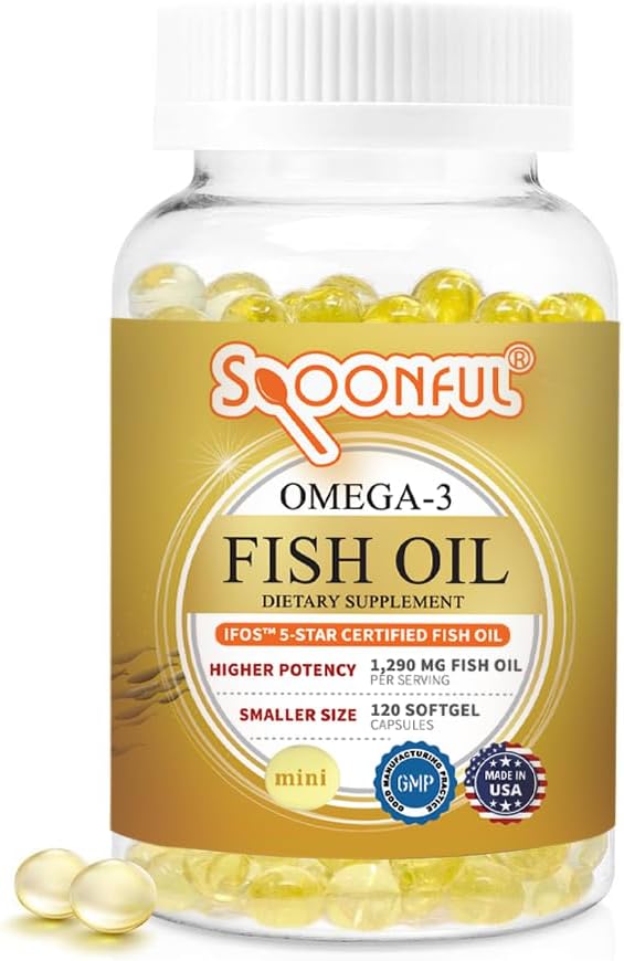 Mini Omega 3 huile de poisson, certifié iFOS, 1290 mg par portion, 120 Softgels Pearls, petite taille Capsules faciles à avaler pour les femmes et les aînés, fabriqués aux États-Unis