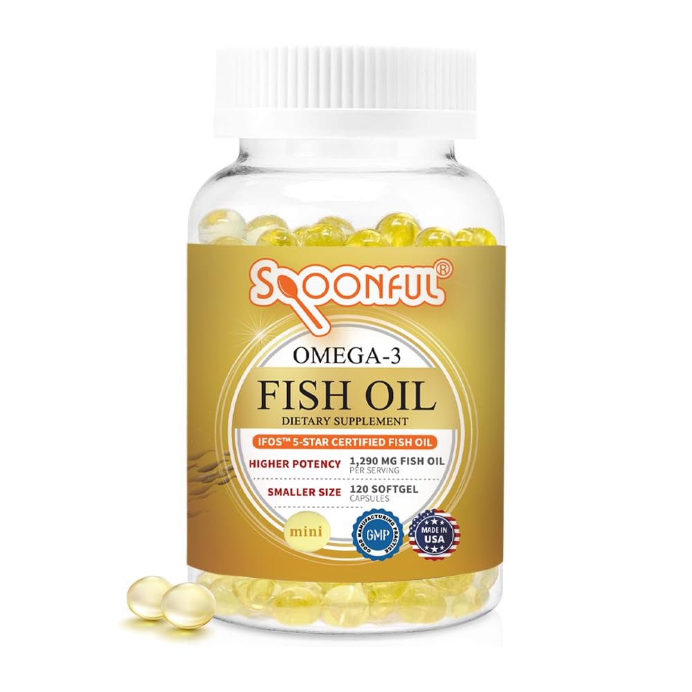 Mini Omega 3 huile de poisson, certifié iFOS, 1290 mg par portion, 120 Softgels Pearls, petite taille Capsules faciles à avaler pour les femmes et les aînés, fabriqués aux États-Unis