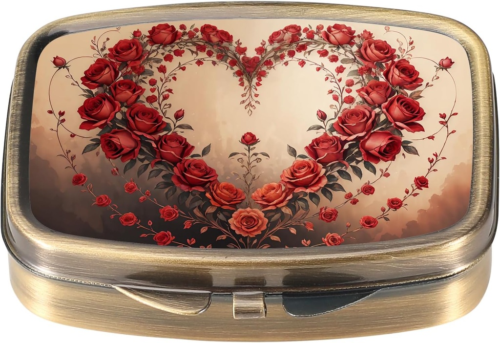 Boîte à pilules Dynippy avec miroir Pocket rétro 2 Compartiment Médicament organisateur de pilules vitaminiques pour la chasse à la poche et les voyages (coupe de coeur rétro-rose)